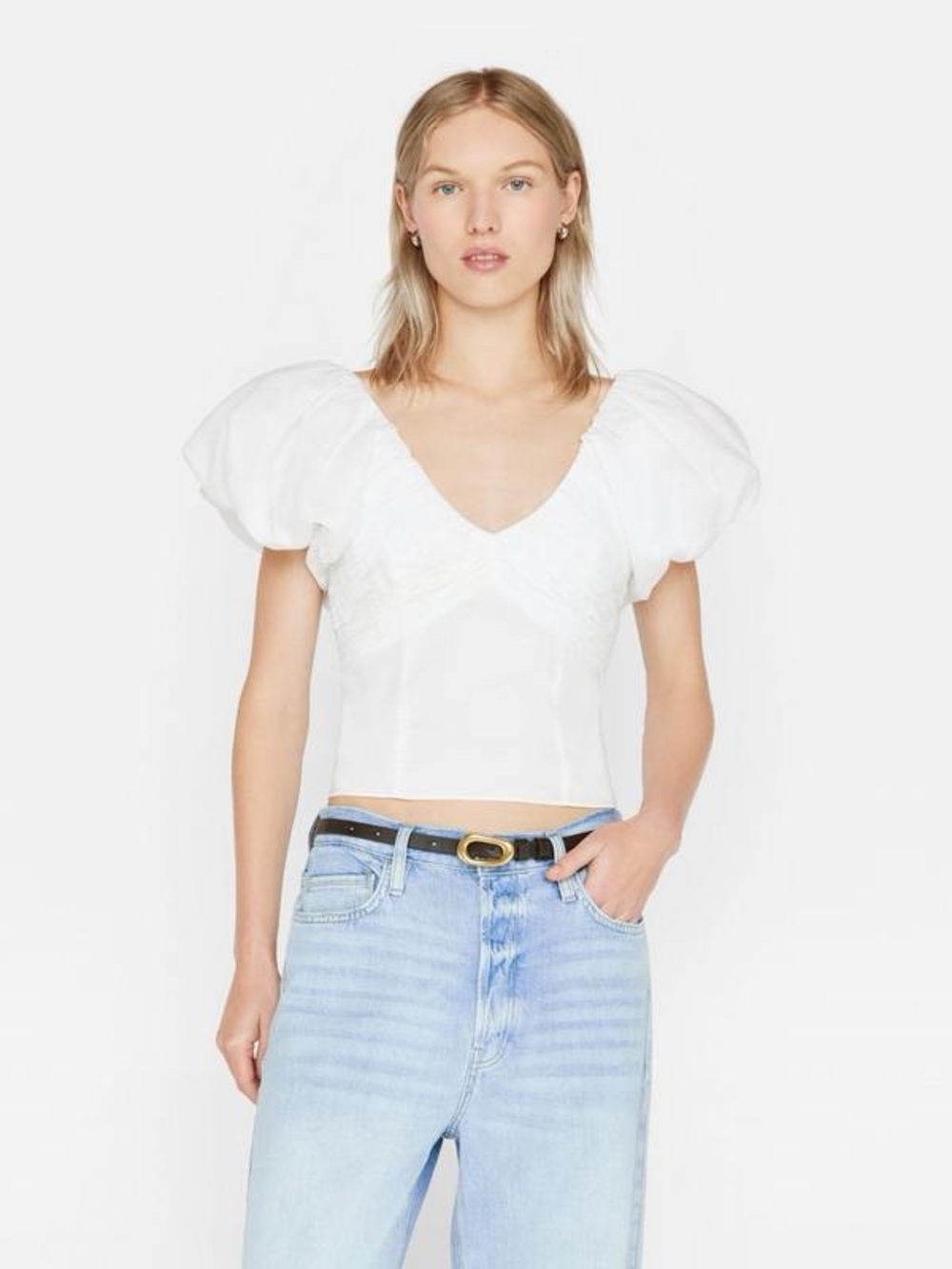 Frame Denim White Puff-Sleeve Sweetheart Textured Top
